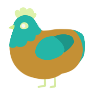 A gold and turquoise chicken with a head pattern