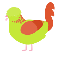 A lime and vermilion chicken with a neck-speckle pattern