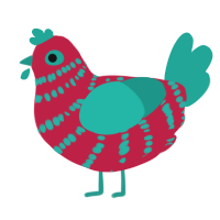 A crimson and turquoise chicken with a bar pattern