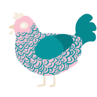 A rose and teal chicken with a double-lace pattern