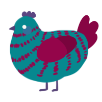 A teal and maroon chicken with a bar pattern