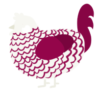 A white and maroon chicken with a lace pattern