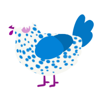 A white and sapphire chicken with a speckle pattern