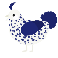 A white and navy chicken with a speckle pattern