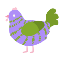 A lilac and chartreuse chicken with a bar pattern