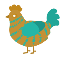A gold and turquoise chicken with a bar pattern