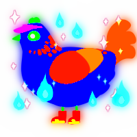 Ink Blott, a ochre and sapphire chicken with a neck-speckle pattern
