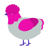 A silver and fuchsia chicken with a head pattern