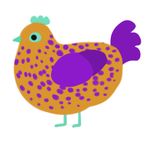 A orange and violet chicken with a speckle pattern