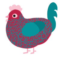 A crimson and teal chicken with a double-lace pattern
