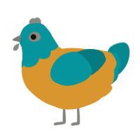 gummy, a orange and teal chicken with a head pattern