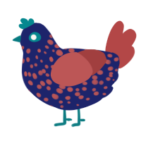 A navy and red chicken with a speckle pattern