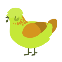 A lime and ochre chicken with a neck-speckle pattern