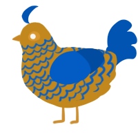 A ochre and ultramarine chicken with a lace pattern