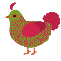 A chartreuse and crimson chicken with a double-lace pattern