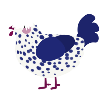A white and navy chicken with a speckle pattern