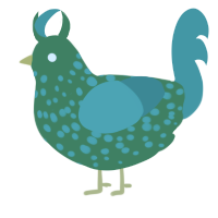A viridian and turquoise chicken with a speckle pattern