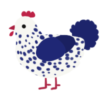 A white and navy chicken with a speckle pattern