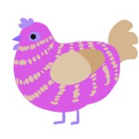 Tomato, a orchid and beige chicken with a bar pattern