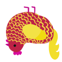 A crimson and yellow chicken with a lace pattern