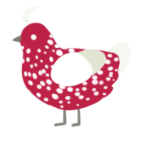 A crimson and white chicken with a speckle pattern