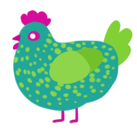 A turquoise and grass chicken with a speckle pattern