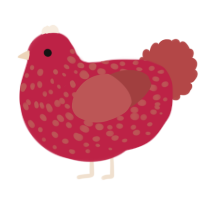 A crimson and red chicken with a speckle pattern