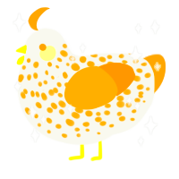 A white and orange chicken with a speckle pattern