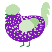 A violet and gluppy chicken with a speckle pattern