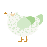A white and gluppy chicken with a speckle pattern