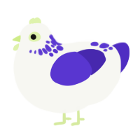 A white and indigo chicken with a neck-speckle pattern