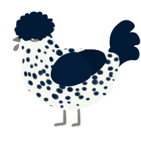 A white and tumblr chicken with a speckle pattern
