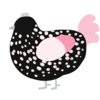 A black and rose chicken with a speckle pattern