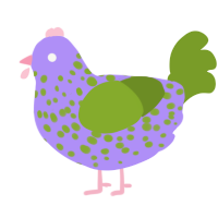 A lilac and chartreuse chicken with a speckle pattern