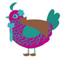 A fuchsia and turquoise chicken with a lace pattern