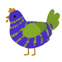 A indigo and chartreuse chicken with a bar pattern