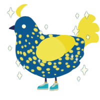 Layla, a ultramarine and yellow chicken with a speckle pattern