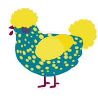A sea and yellow chicken with a speckle pattern