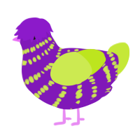 beetlejuice, a violet and lime chicken with a bar pattern