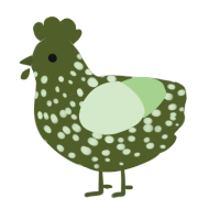 A olive and gluppy chicken with a speckle pattern