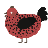 A red and black chicken with a speckle pattern