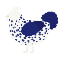 A white and navy chicken with a speckle pattern