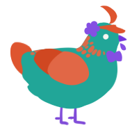 A turquoise and vermilion chicken with a neck-speckle pattern