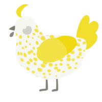 A white and yellow chicken with a speckle pattern