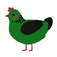 A leaf and black chicken with a neck-speckle pattern
