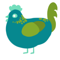 A teal and chartreuse chicken with a neck-speckle pattern