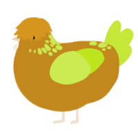 A ochre and lime chicken with a neck-speckle pattern