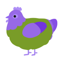A chartreuse and blurple chicken with a head pattern