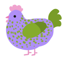 A lilac and chartreuse chicken with a speckle pattern