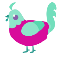 Crime and Punishment, a fuchsia and mint chicken with a head pattern